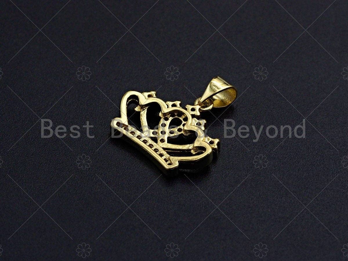 18K Gold Micro CZ Pave Crown Pendant, Gold Crown Charm,  Crown Beads, Jewelry Findings, 15x18mm, sku#LK41