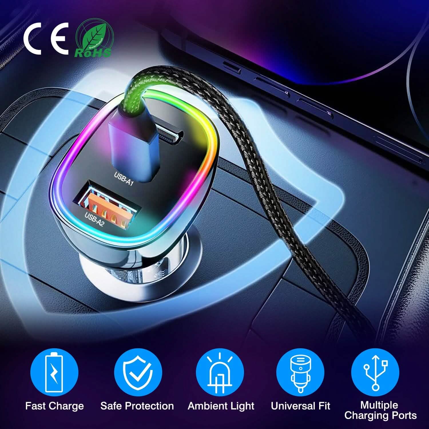 Chargeur de voiture rapide 90 W à 3 ports USB et Type C