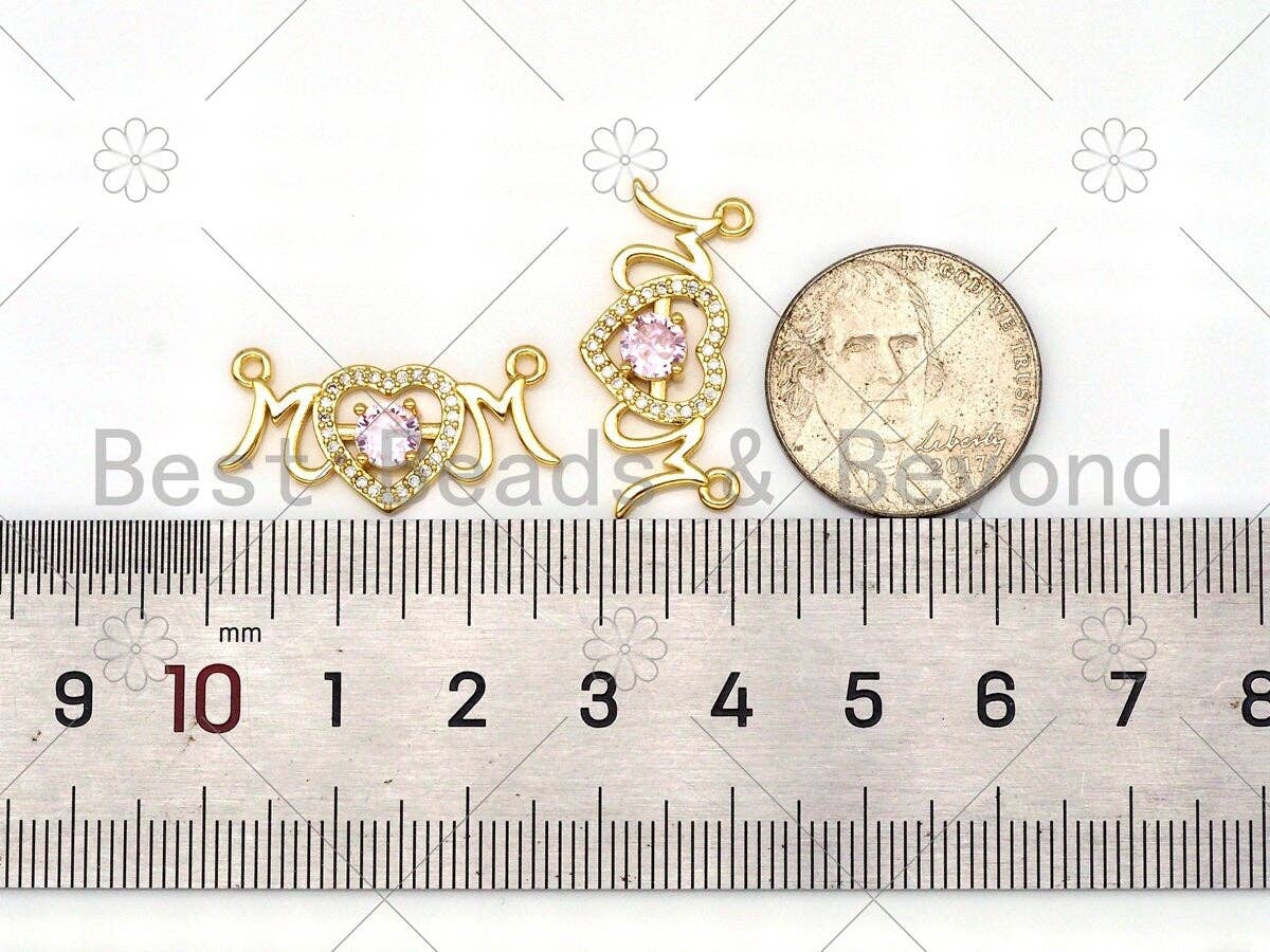 CZ Micro Pave Mom Word With Heart Shape Pendant/Charm, 18K Gold Filled Mom Charm, Mother's Day Charm,13x27mm,Sku#LK385