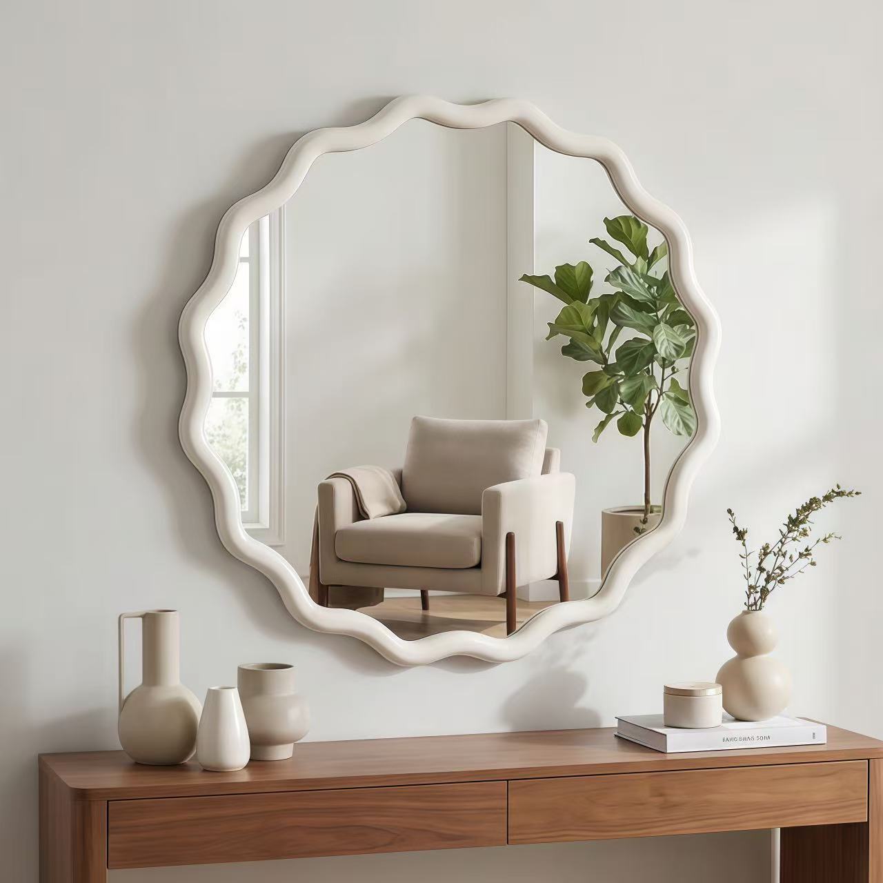 White 24 inch Wavy Round Solid Wood Frame Decorative Mirror