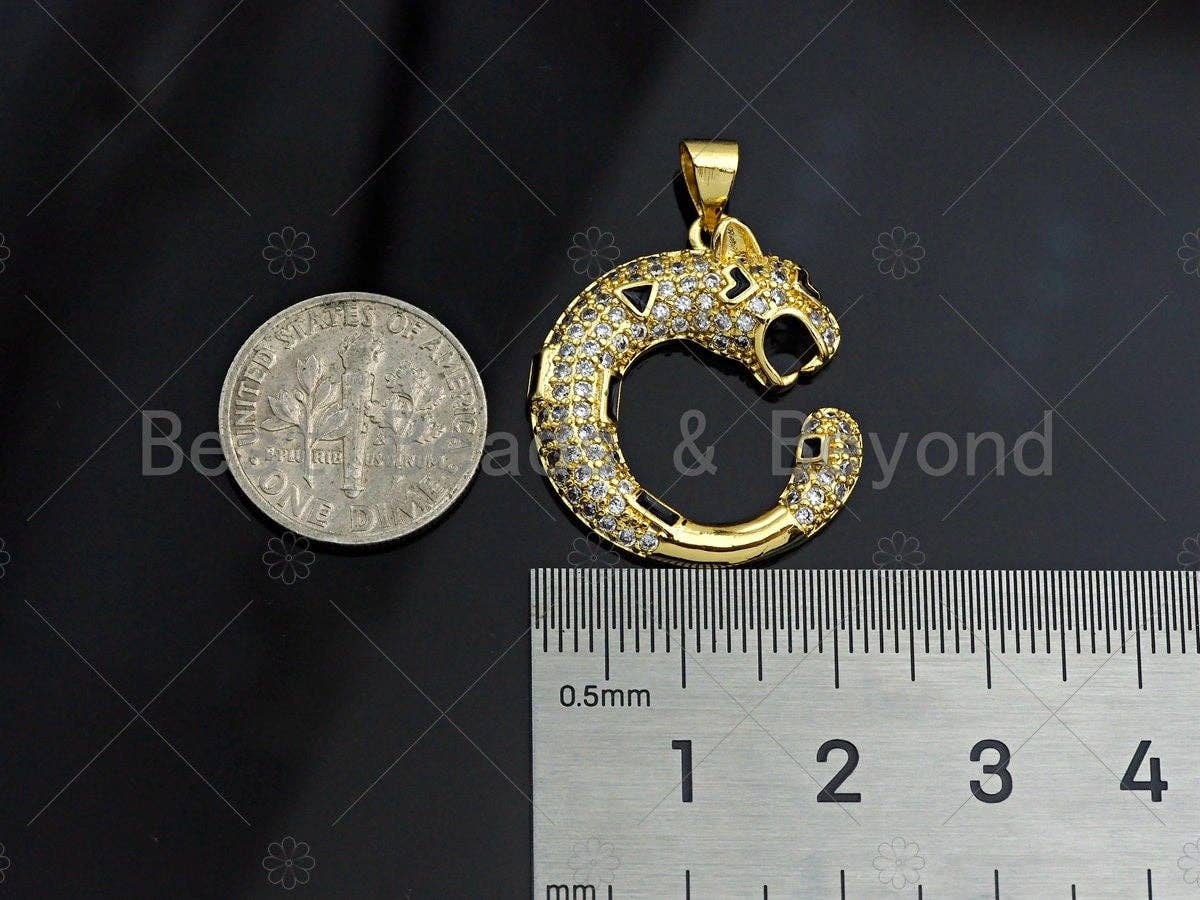 18K Gold Leopard Shape Pendant, Panther Charm, Animal Pave Pendant, 22x25mm, Sku#LK54