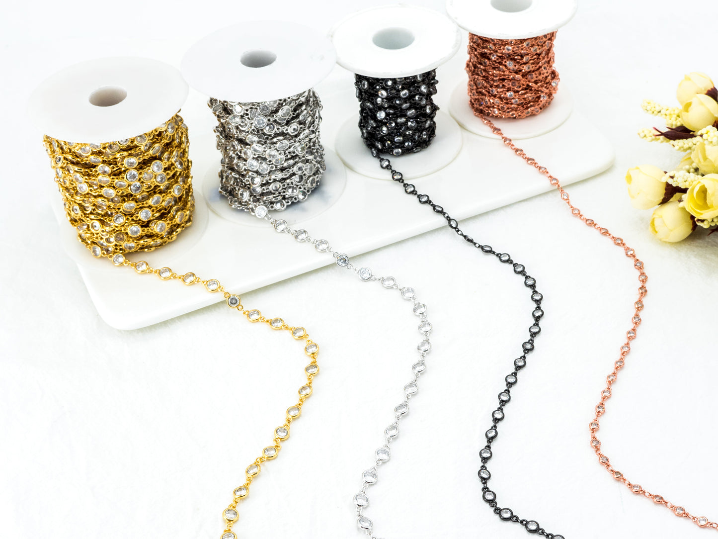 1 Foot/Yard- CZ Beaded Chain-4mm/6mm Cubic Zirconia Beads-Gold Silver Rose Gold Gunmetal Plated Bezel Chain, Bezel Connector Beads, sku#E346