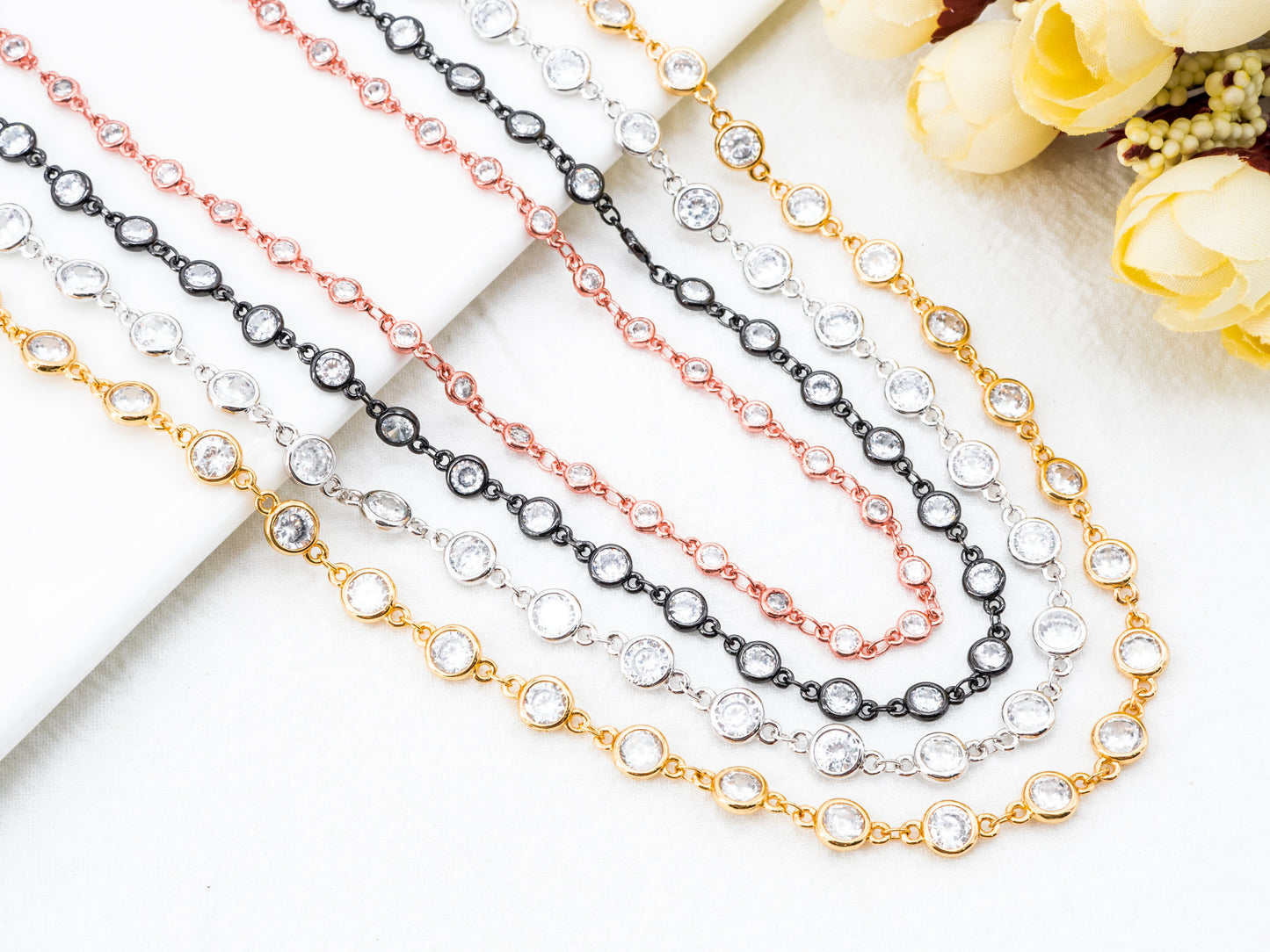 1 Foot/Yard- CZ Beaded Chain-4mm/6mm Cubic Zirconia Beads-Gold Silver Rose Gold Gunmetal Plated Bezel Chain, Bezel Connector Beads, sku#E346
