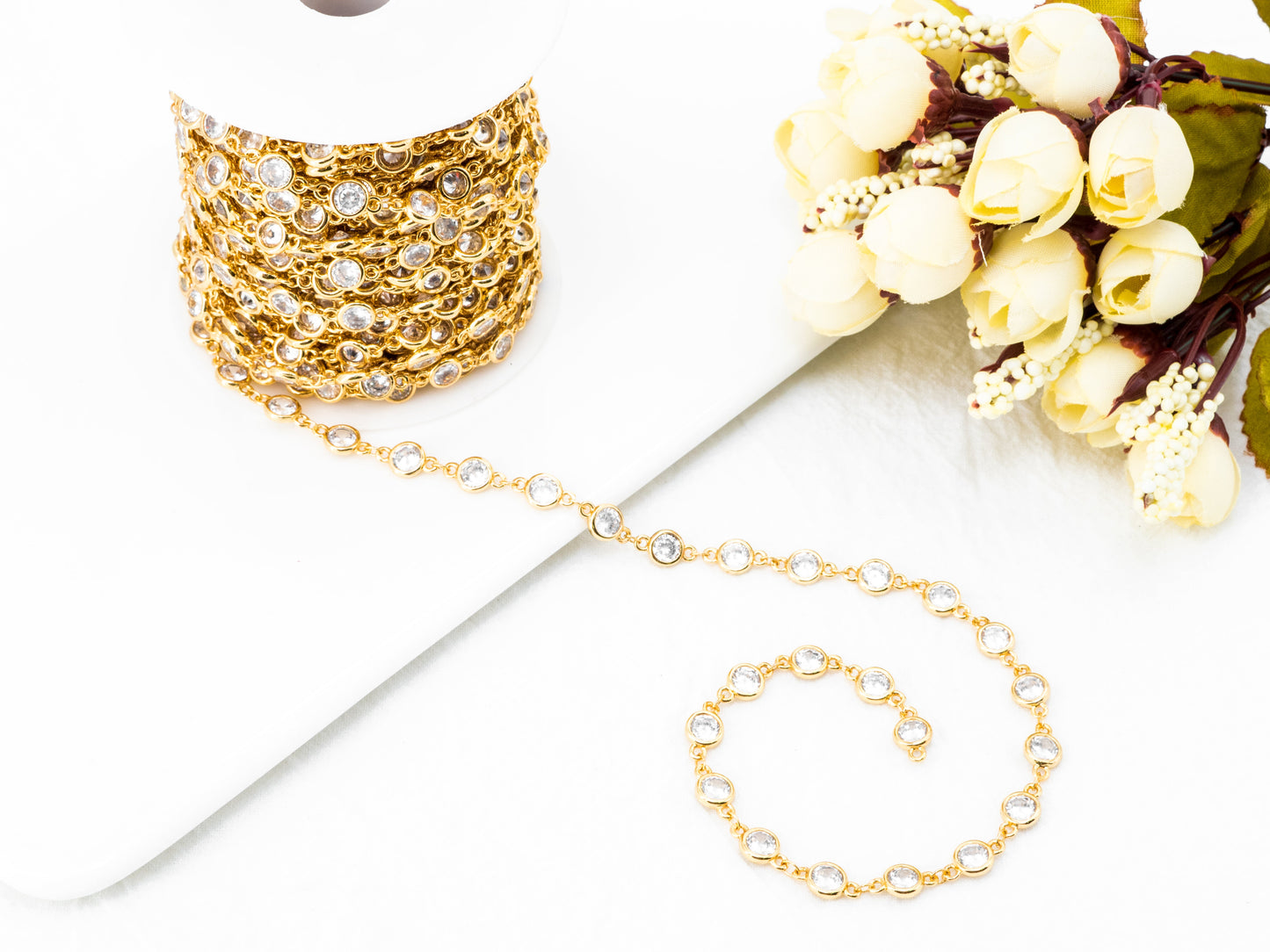 1 Foot/Yard- CZ Beaded Chain-4mm/6mm Cubic Zirconia Beads-Gold Silver Rose Gold Gunmetal Plated Bezel Chain, Bezel Connector Beads, sku#E346