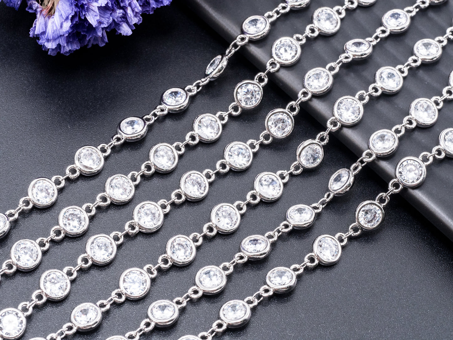 1 Foot/Yard- CZ Beaded Chain-4mm/6mm Cubic Zirconia Beads-Gold Silver Rose Gold Gunmetal Plated Bezel Chain, Bezel Connector Beads, sku#E346