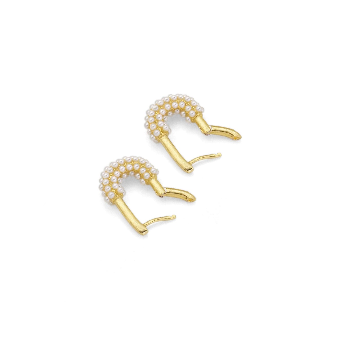 Gold Silver CZ Pearl Lock Huggie Earrings, Sku#B376