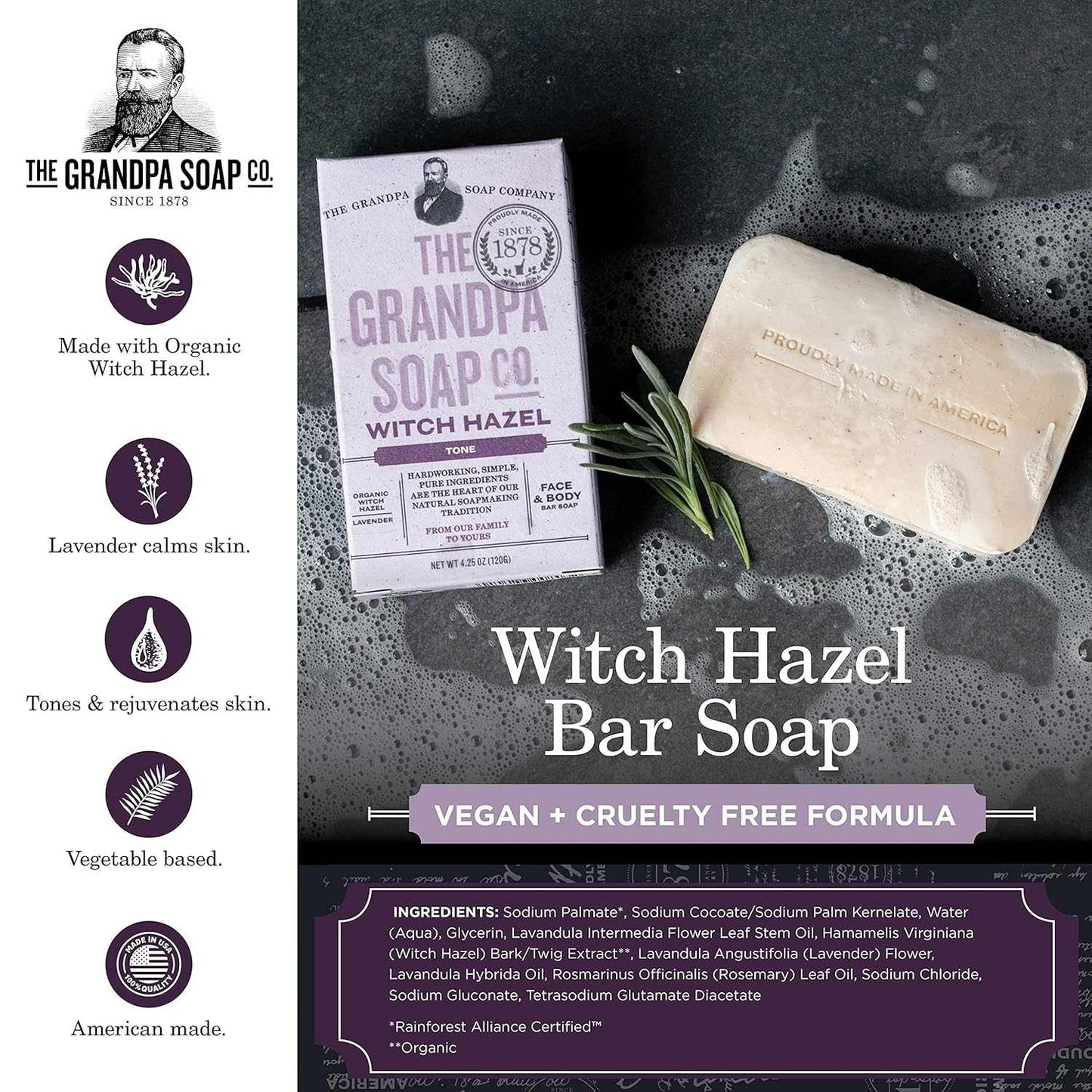 GRANDPAS Soap Bar Witch Hazel - All Natural, Gluten-Free, Made in USA