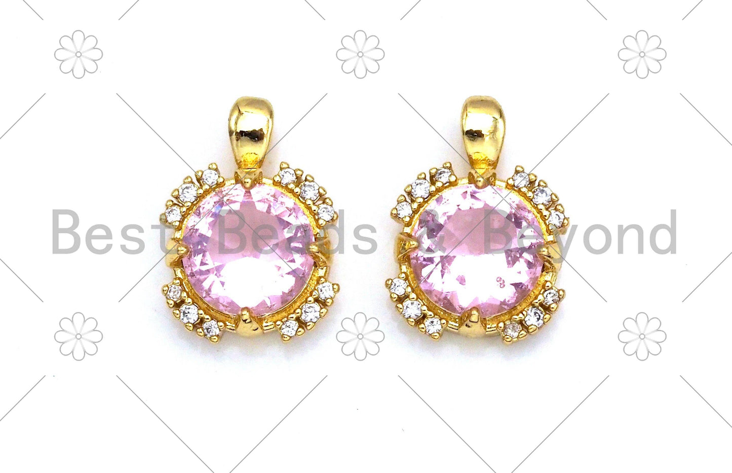 Pink CZ Micro Pave Cute Round Shape Pendant, 18K Gold Filled Round CZ Charm, Big CZ Pave Pendant, 11x15mm, Sku#LK372