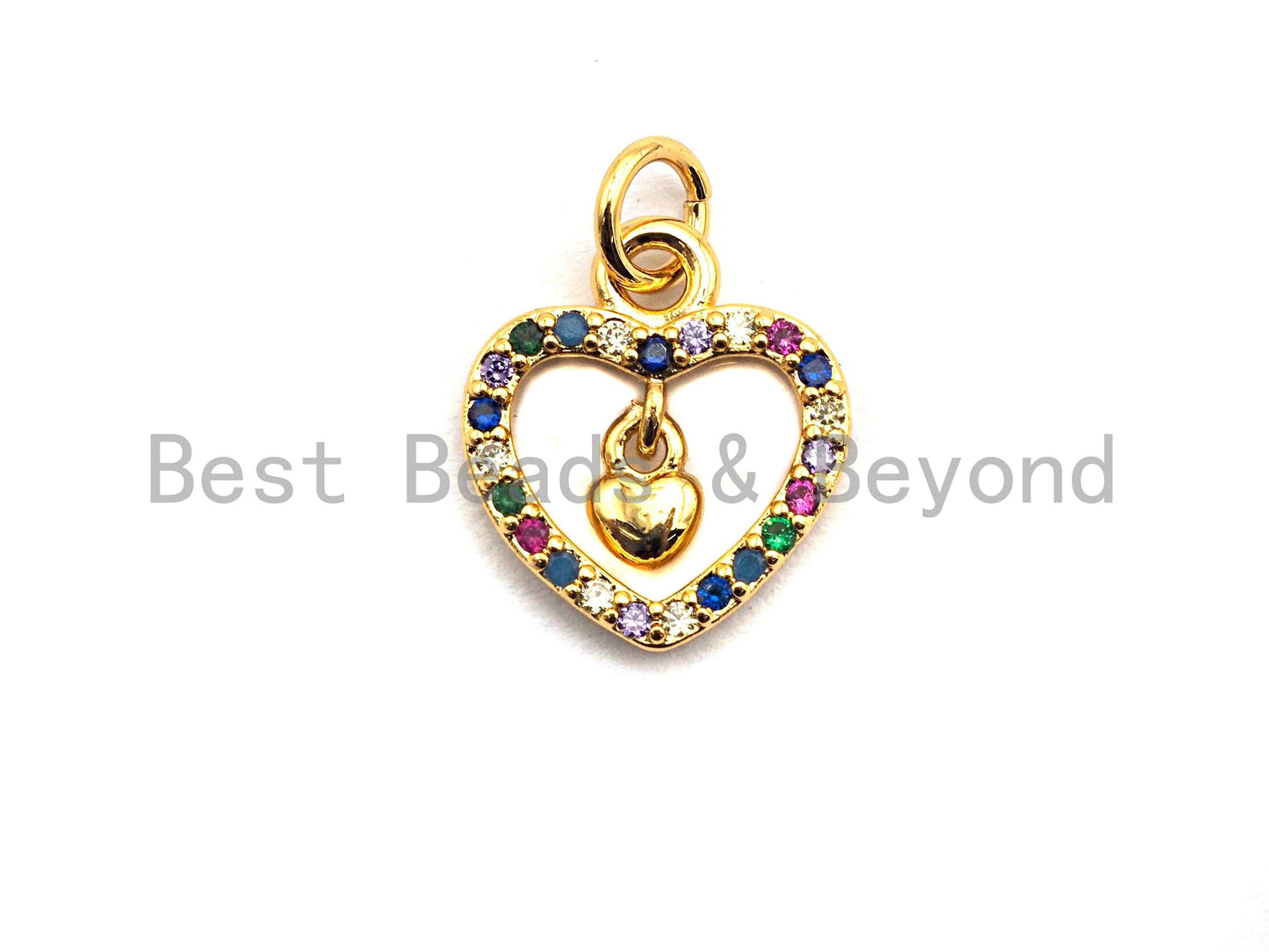 CZ Colorful Micro Pave Hollow Heart With Little Dangle Heart Pendant, Heart Shaped Pave Pendant, Gold plated, 12x14mm, Sku#F826