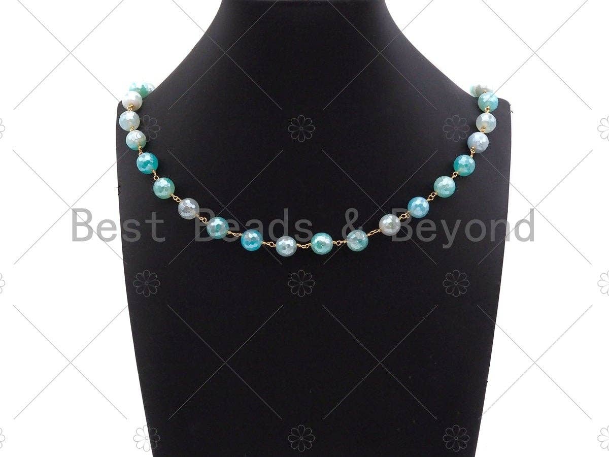 Mystic Agate Green/Aqua Blue/Pink Rosary Chain, 10mm Agate Beaded Chain, Wire Wrapped Gold Chain,Sku#V88