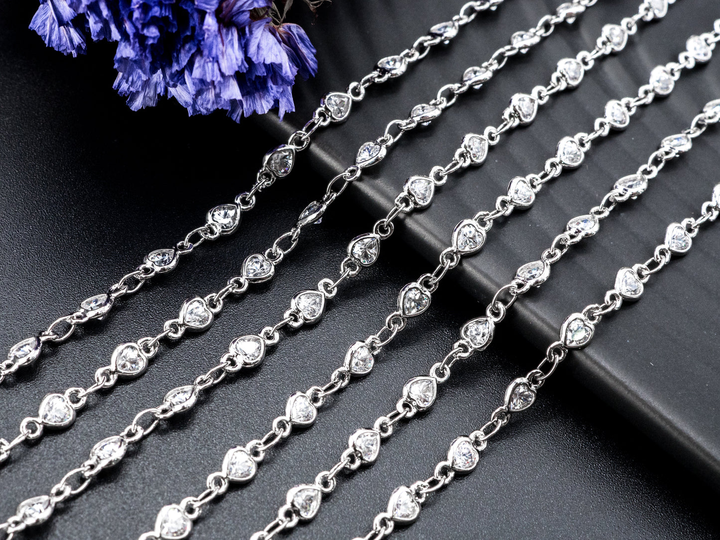 1 Foot/Yard-Clear CZ Pave Heart Shaped Beaded Chain-4mm Cubic Zirconia Beads-Silver Rose Gold Gunmetal-Bezel Rosary Chain, sku#E349