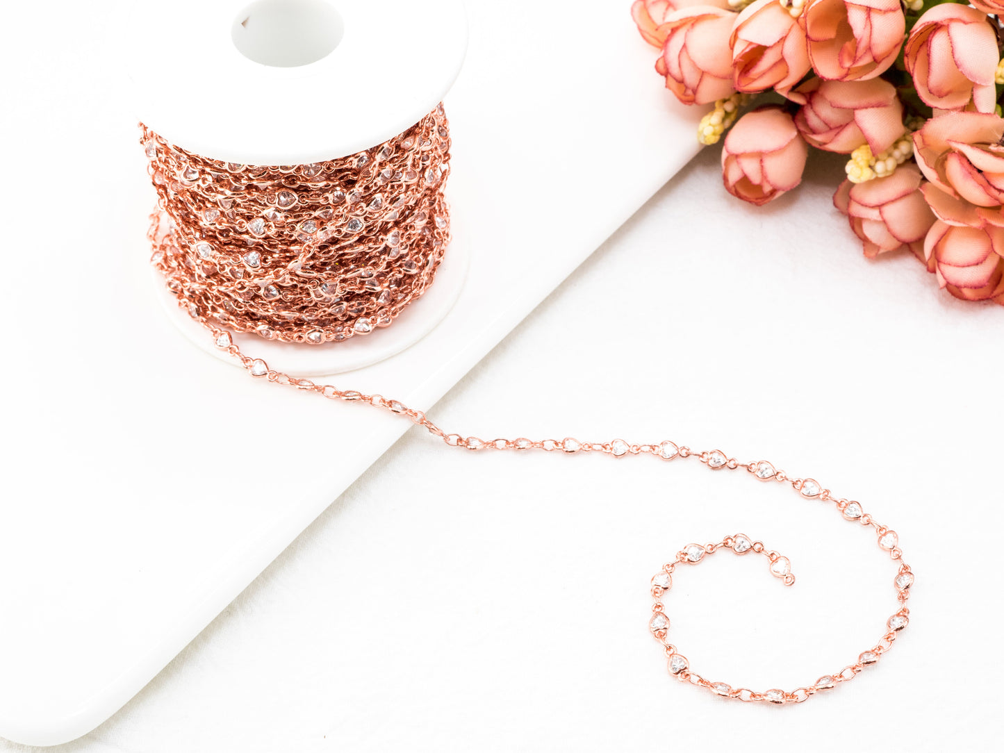 1 Foot/Yard-Clear CZ Pave Heart Shaped Beaded Chain-4mm Cubic Zirconia Beads-Silver Rose Gold Gunmetal-Bezel Rosary Chain, sku#E349