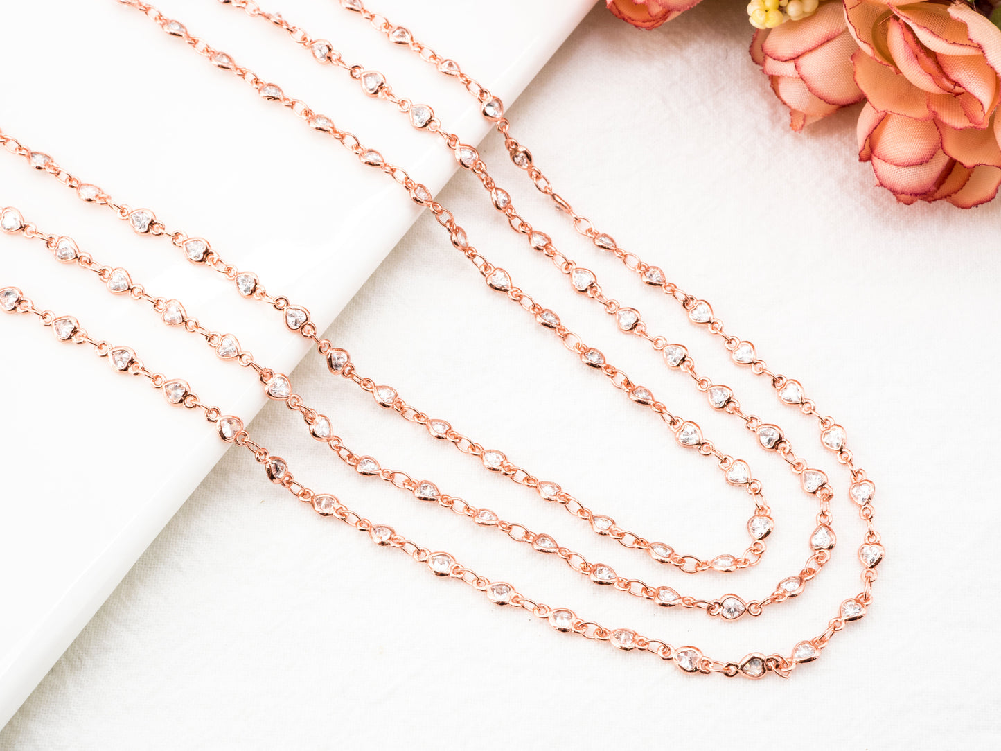 1 Foot/Yard-Clear CZ Pave Heart Shaped Beaded Chain-4mm Cubic Zirconia Beads-Silver Rose Gold Gunmetal-Bezel Rosary Chain, sku#E349