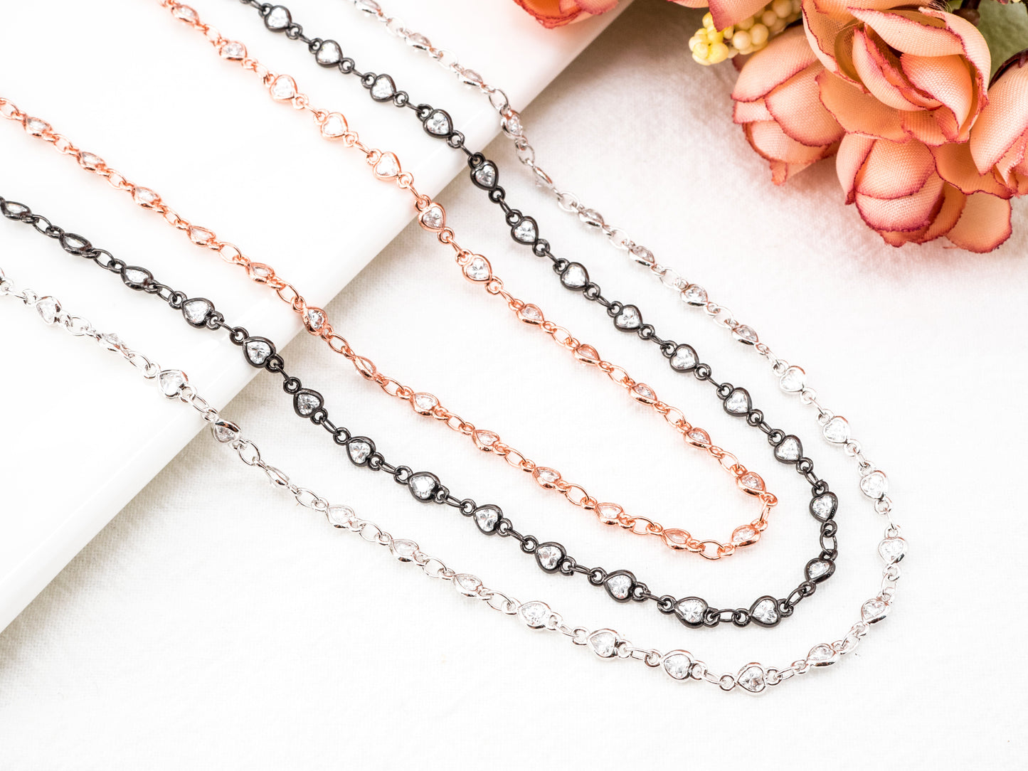 1 Foot/Yard-Clear CZ Pave Heart Shaped Beaded Chain-4mm Cubic Zirconia Beads-Silver Rose Gold Gunmetal-Bezel Rosary Chain, sku#E349
