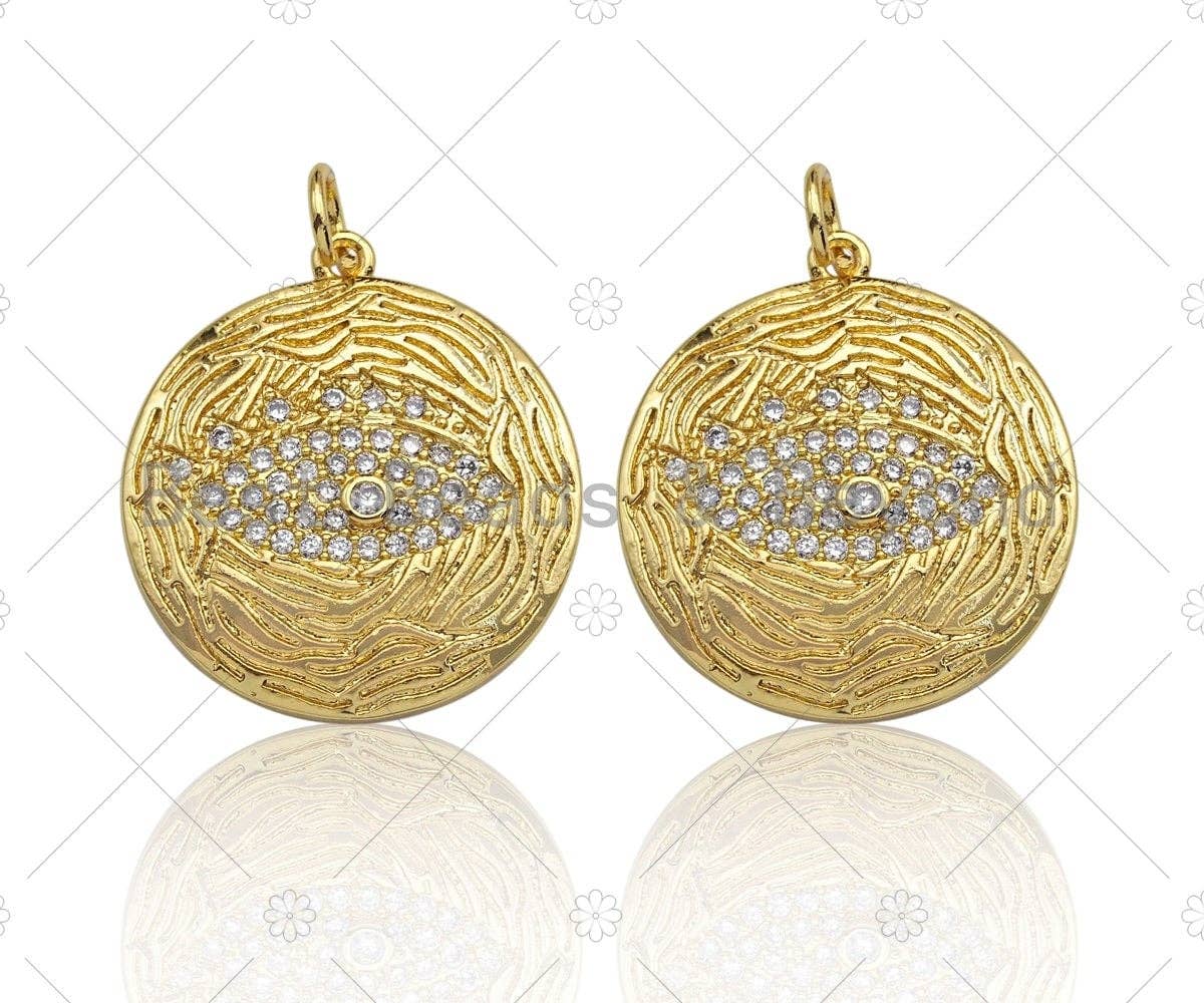 18K Gold Finish Evil Eye On Round Coin Shape Pendant, Round Charm, Evil Eye Pave Pendant, Gold plated, 20mm, Sku#LK62