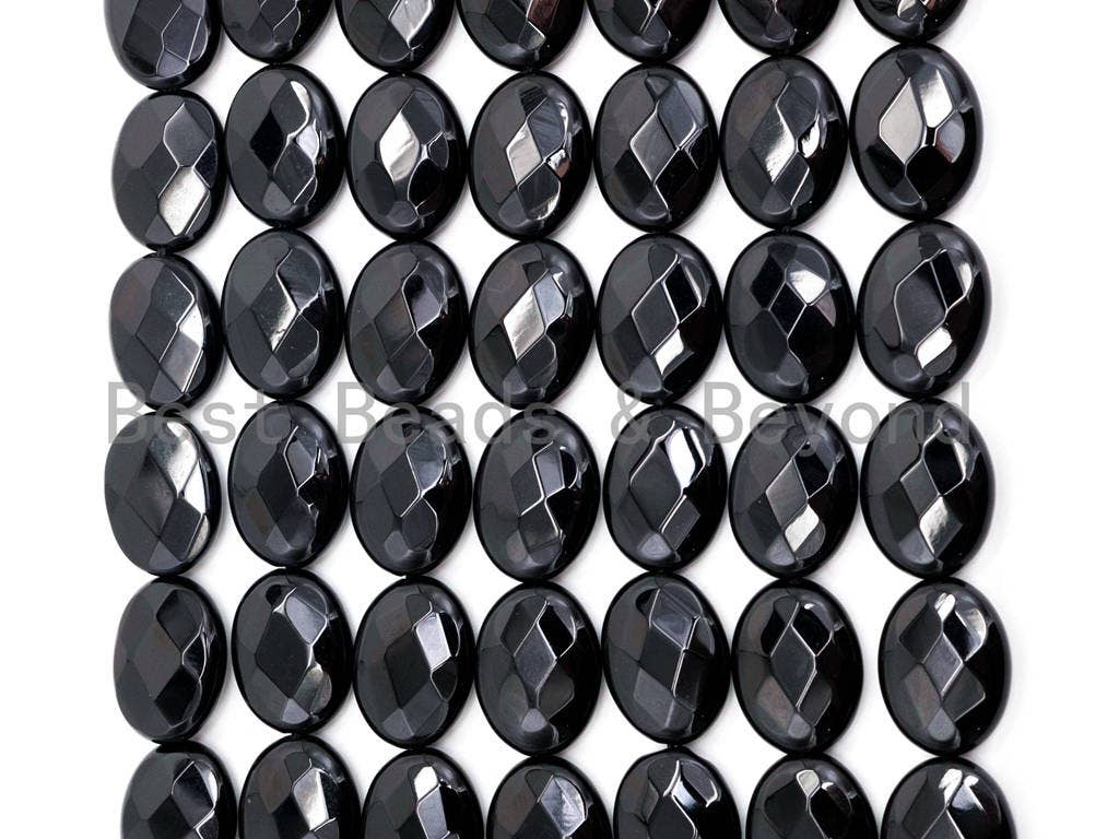 Quality Faceted Oval Black Onyx Beads Natural Stones, Gemstones Beads, Black Loose Beads, Oval Beads, 15.5" Full Strand, SKU#Q14