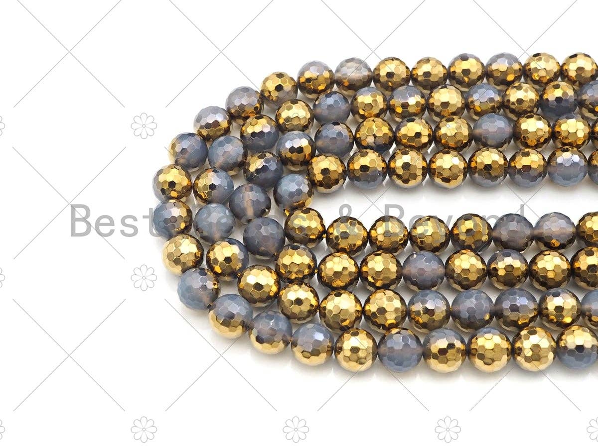 Natural Half Gold Plated Gray Agate Beads, 10mm/12mm Gold Grey Gemstone beads, 15.5" Full Strand, sku#UA99