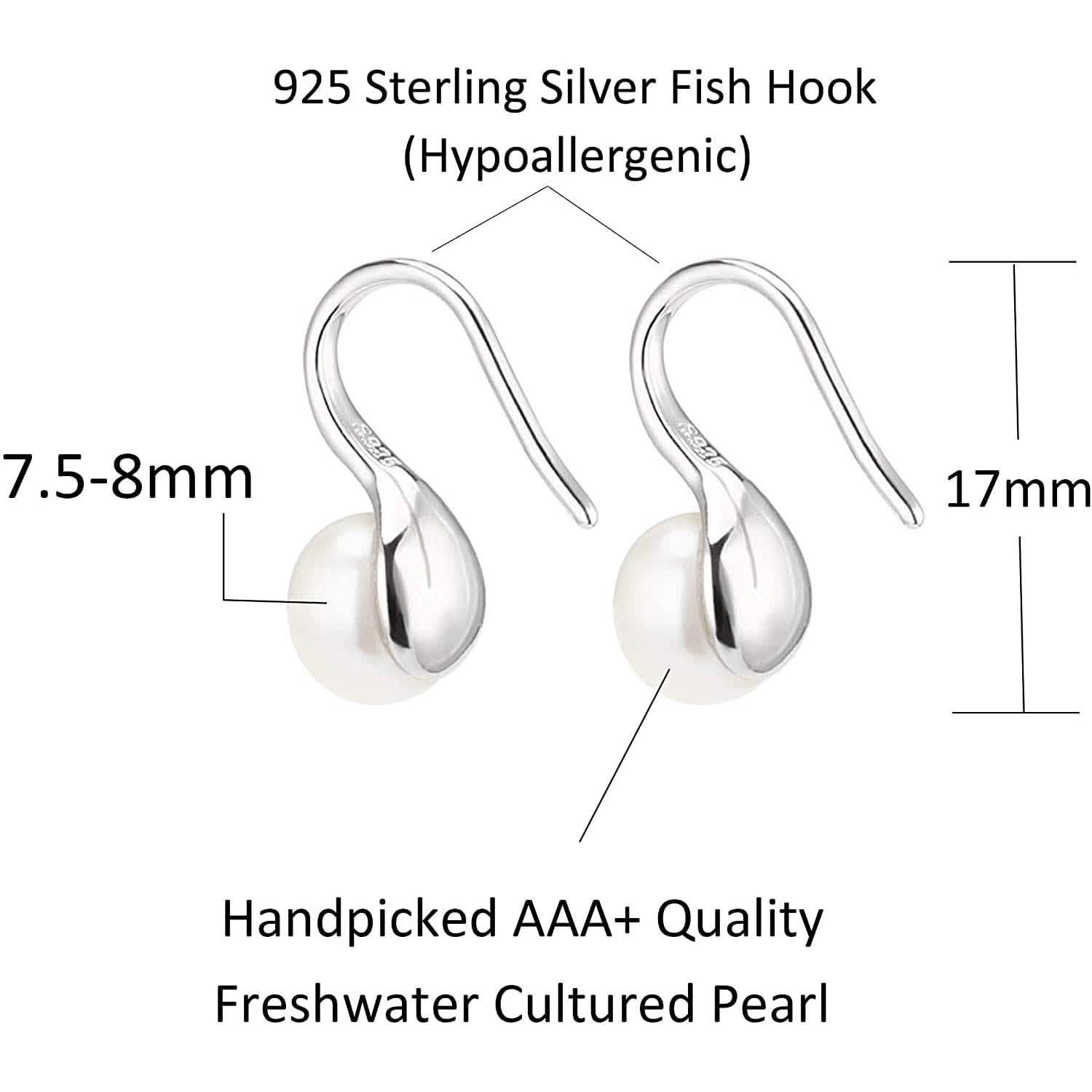 925 Sterling Silver 7.5-8mm White Freshwater Cultured Pearl Dangle Drop Earrings