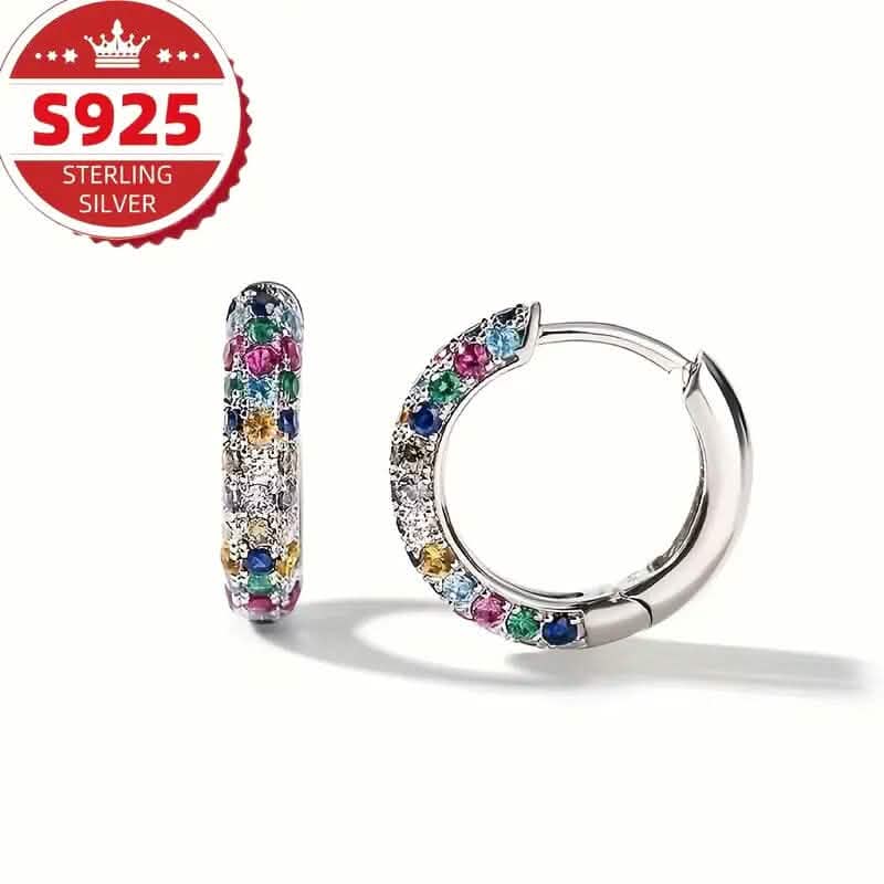 Boucles d'oreilles rondes en argent sterling 925 avec zircons synthétiques colorés