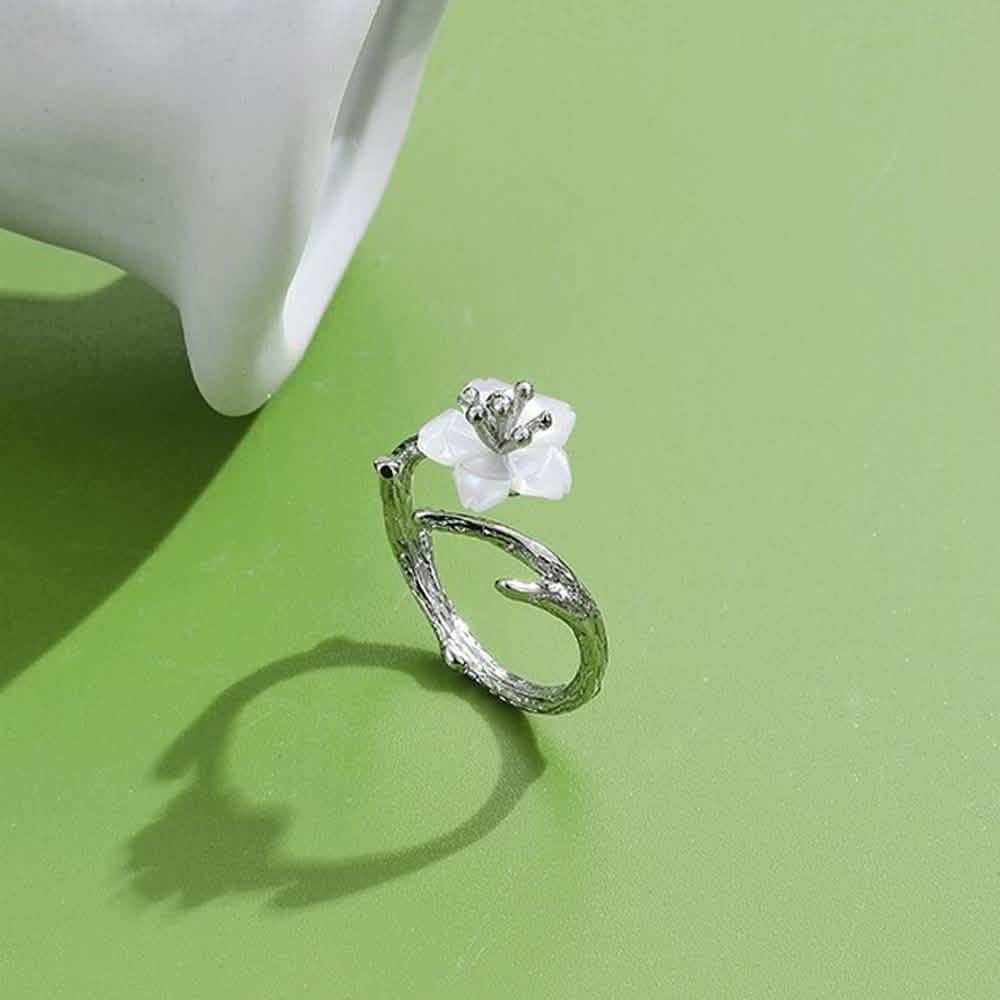 925 Sterling Silver White Cherry Blossom Shell Pearl Flower Branch Rings