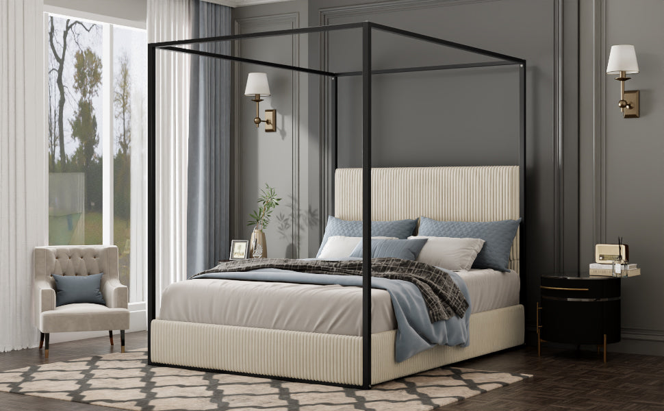 Modern Luxury Metal Canopy Bed with Tall Corduroy Upholstered Headboard
