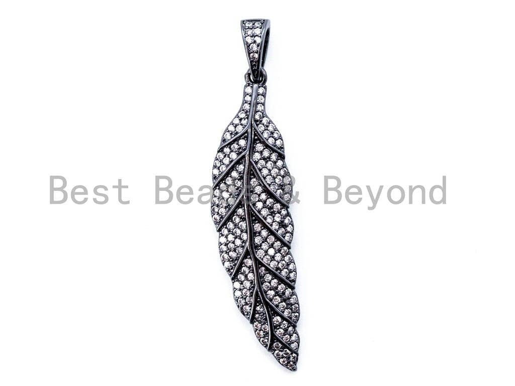 CZ Micro Pave Leaf/Feather Pendant, Cubic Zirconia Pendant, 12x51mm, 1pc, SKU#F313