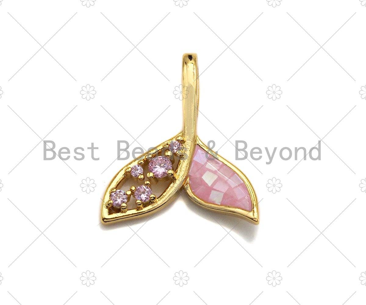 Cute Shark Tale Pink Pendant/Charm, Pink Mother-of-pearl  Pendant, Cubic Zirconia Pendant, Gold Tone, 18x21mm, Sku#LK69