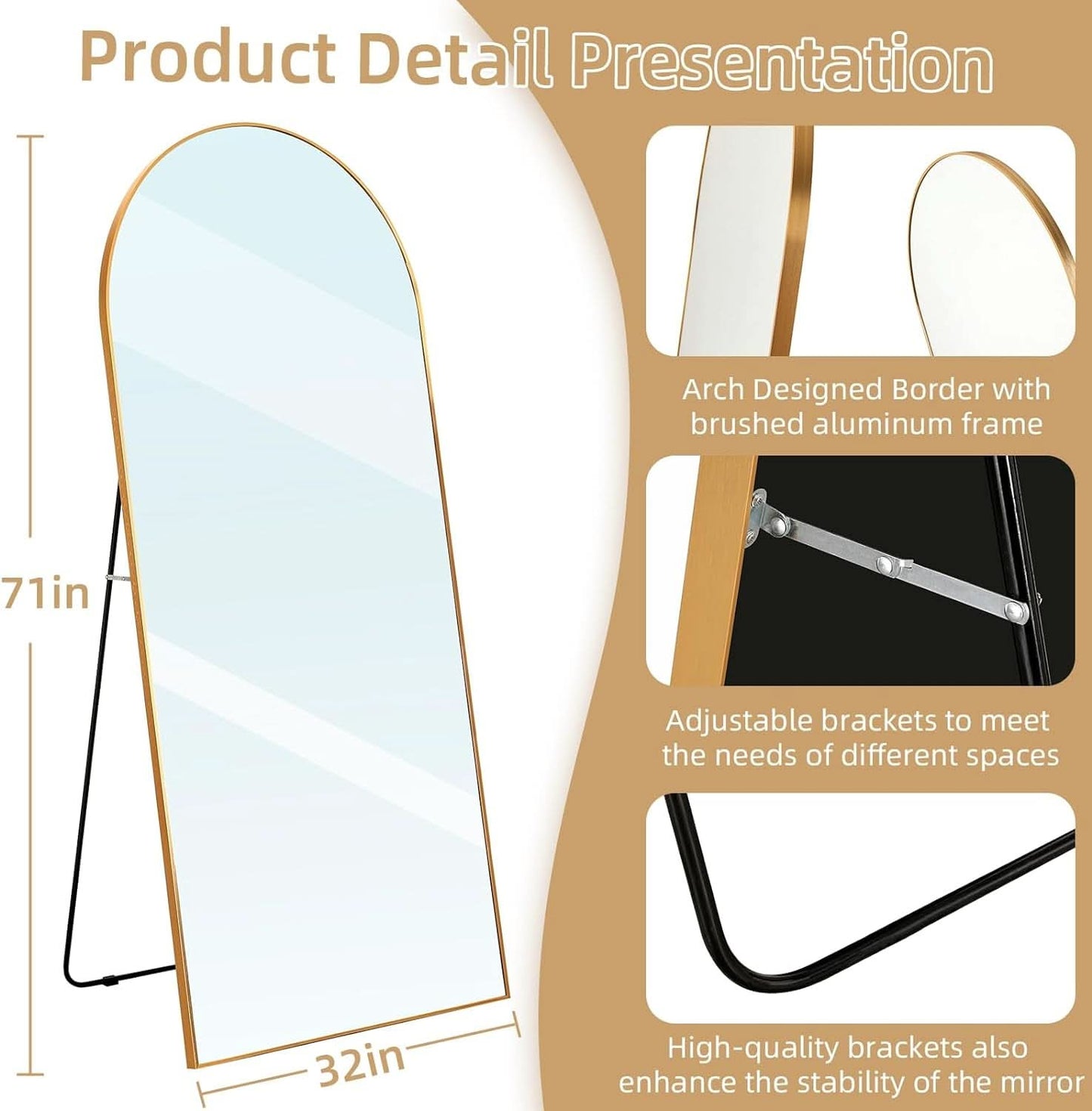 Arched Full Length Mirror 71x32 Inches Gold Aluminum Floor