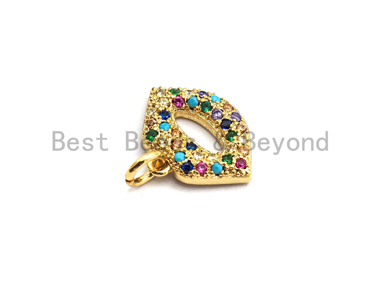 CZ Colorful Micro Pave Lip Charm, Lip Shaped Pave Pendant, Gold plated, 12x15mm, Sku#F750