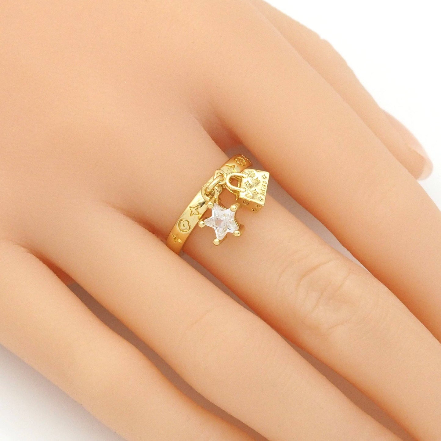 Gold Lock Star handbag Adjustable Ring, Sku#LK873