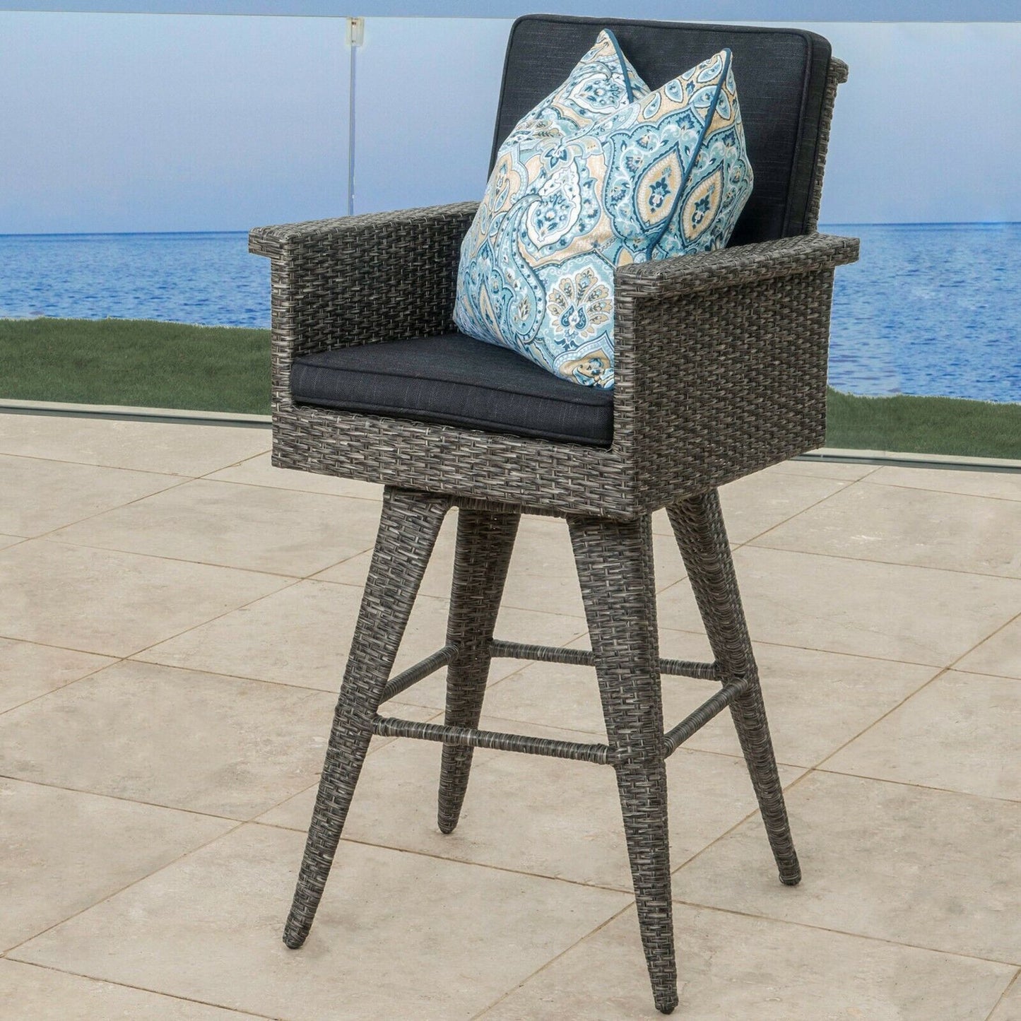 30" Outdoor Wicker Swivel Barstool with Water Resistant Cushion