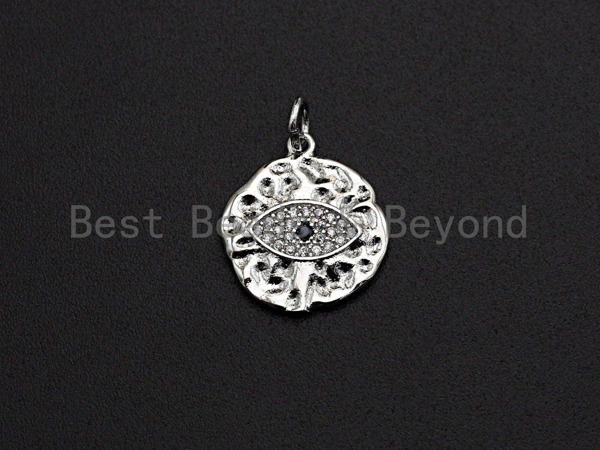 Hammered CZ Micro Pave Evil Eye on Disc Pendant/Charm,Evil Eye CZ Pendant, Silver/Gold/Rose Gold/Black Tone,15x17mm,Sku#Z454