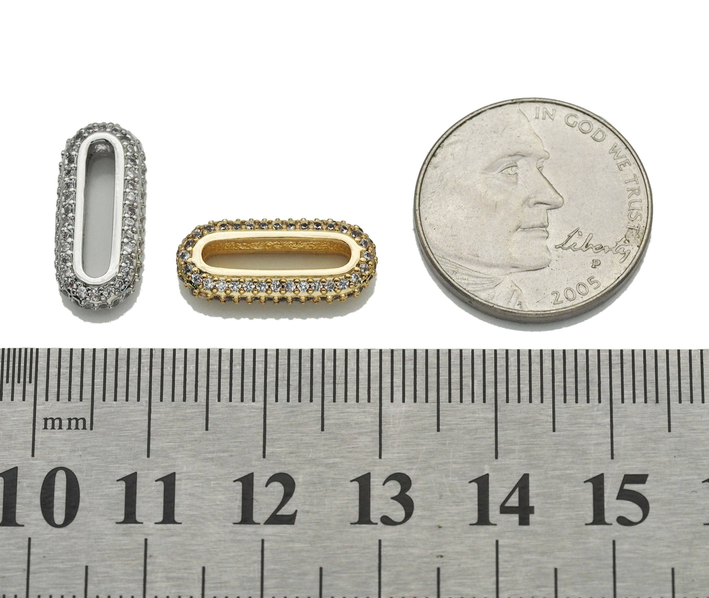 Gold Silver CZ Pave Long Oval Link Bead, Oval Link Connector, Sku#Z1467