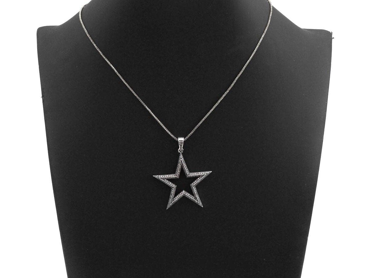 CZ Fully Micro Pave Five Star Pendant, Antique Silver Tone, Clear Cubic Zirconia Big Pave Star Charm Pendant, 39x40mm,sku#F983