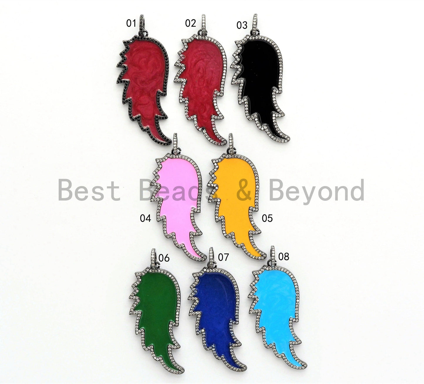 Colorful Enamel Angel Wing Pendant/Charm, Cubic Zirconia Pave Wing Pendant, Pink/Royal Blue/Black/Yellow Wing Charm,  22x51mm, SKU#F620