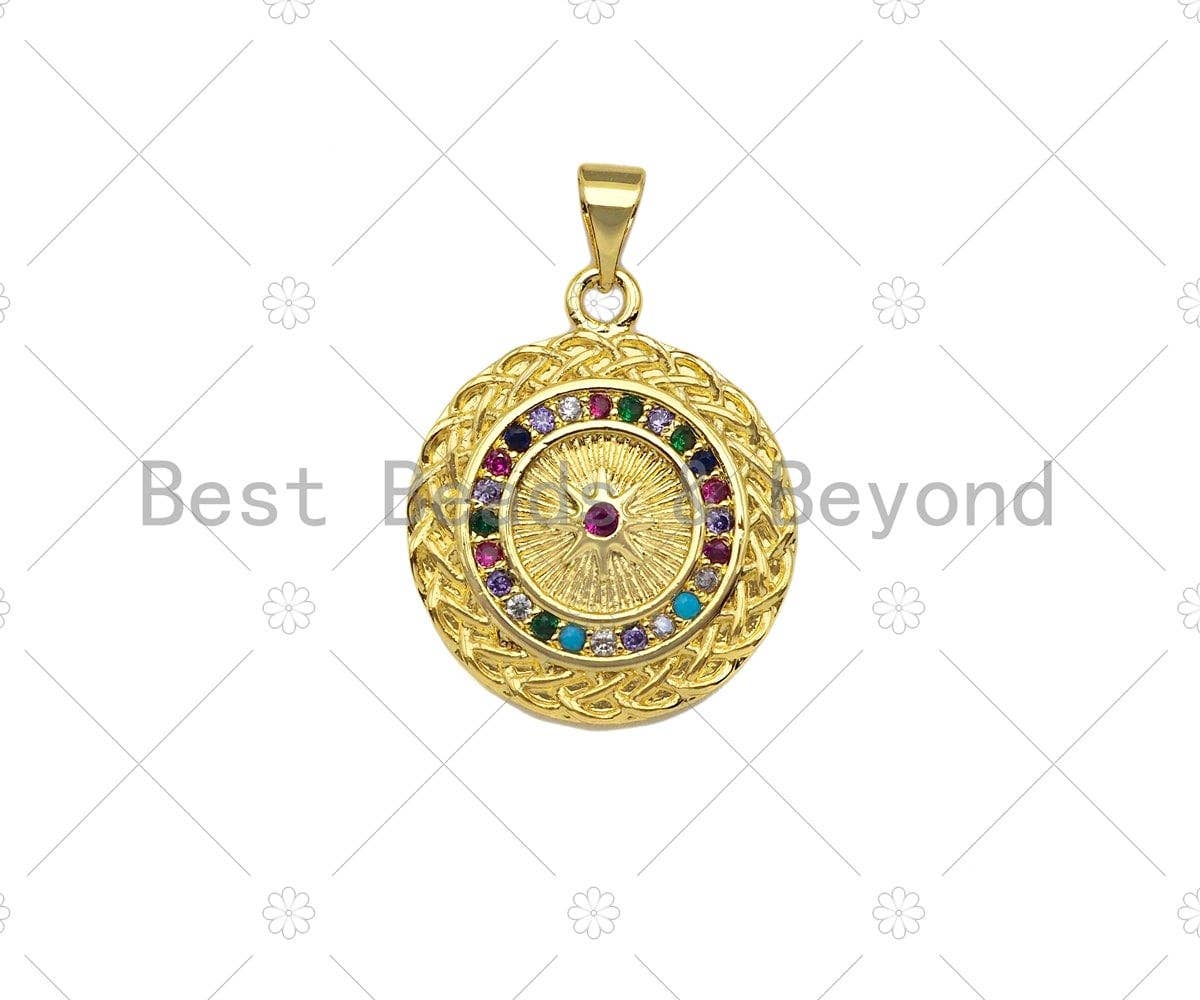 Colorful CZ Micro Pave North Star On Round Coin Shape Pendant,Dainty Gold Medallion Charm,Necklace Bracelet Charm Pendant,19x23mm, Sku#LK223