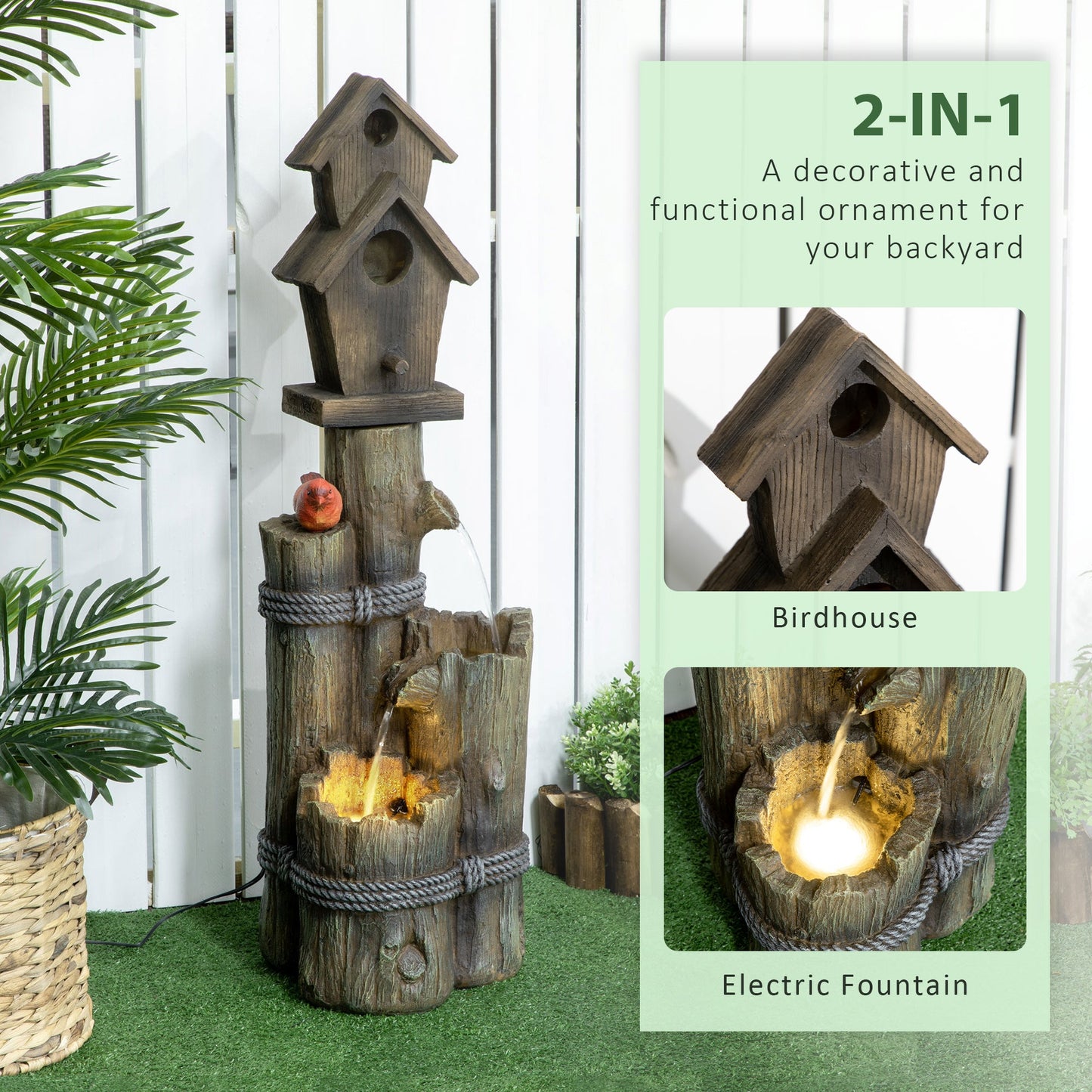 Outsunny Outdoor Fountain with Birdhouse and LED Lights