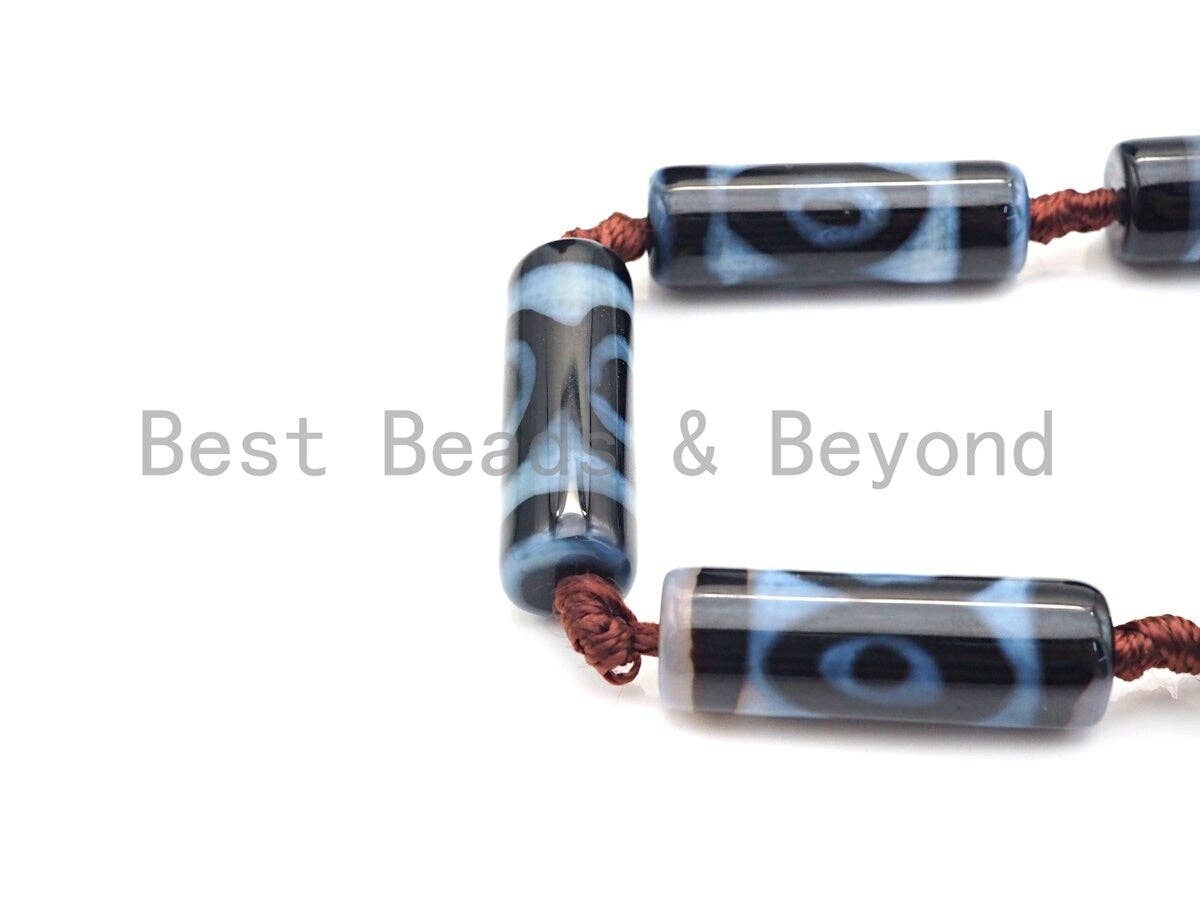 1pc/10pc Natural Tibetan Agate Cylinder Spacer Beads, 10x30mm Blue Black Brown Dzi Eye Spacer Beads, Tibetan Dzi Beads, sku#U864