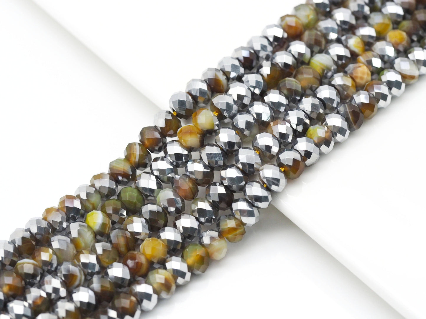 Half Silver Plated Yellow Brown Banded Agate Rondelle Faceted Beads, Sku#UA257