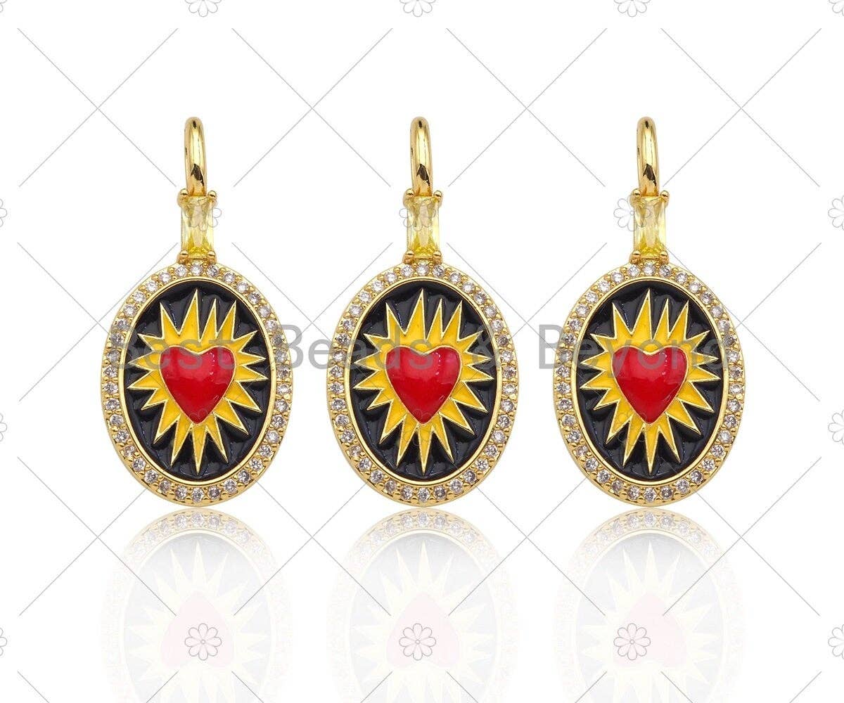 CZ Micro Pave Red Enamel Heart On Black Yellow Enamel Oval Shape Pendant, 18K Gold Filled CZ Enamel Oval Charm,16x33mm,Sku#Z1377