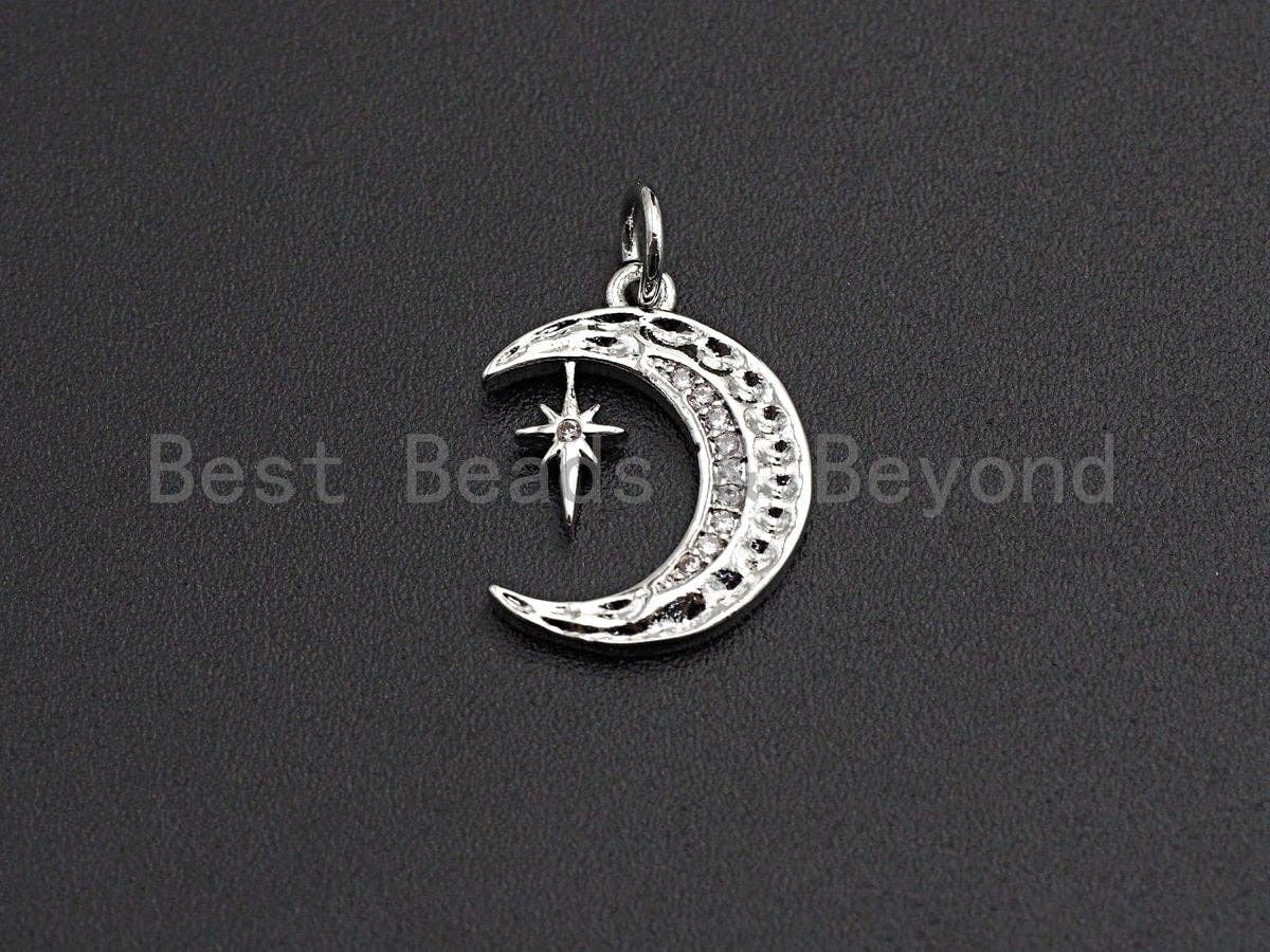 CZ Micro Pave Crescent Moon With North Star Pendant, Cubic Zirconia Pendant, Silver/Gold/Rose Gold/Black Tone,13x17mm, Sku#Z485