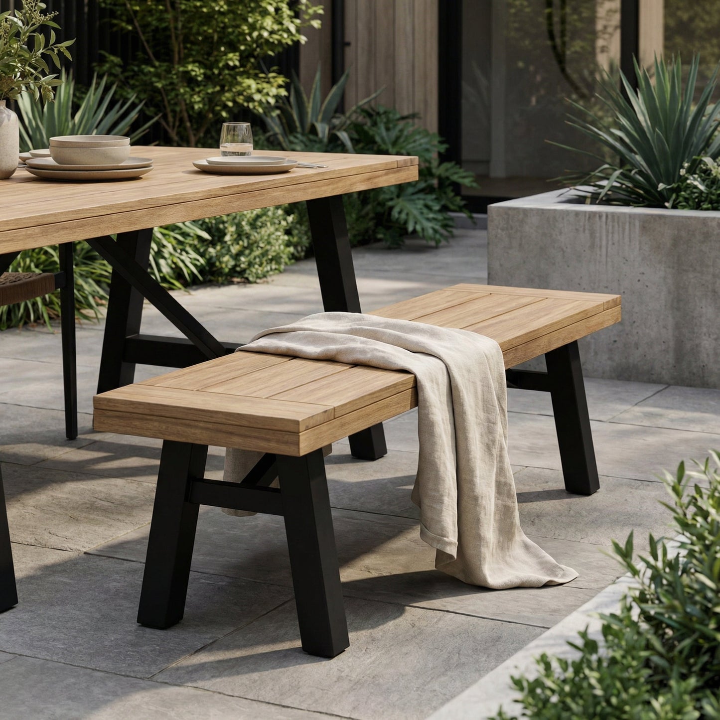 Outdoor Bench with Slat Panel Design and Acacia Wood Frame