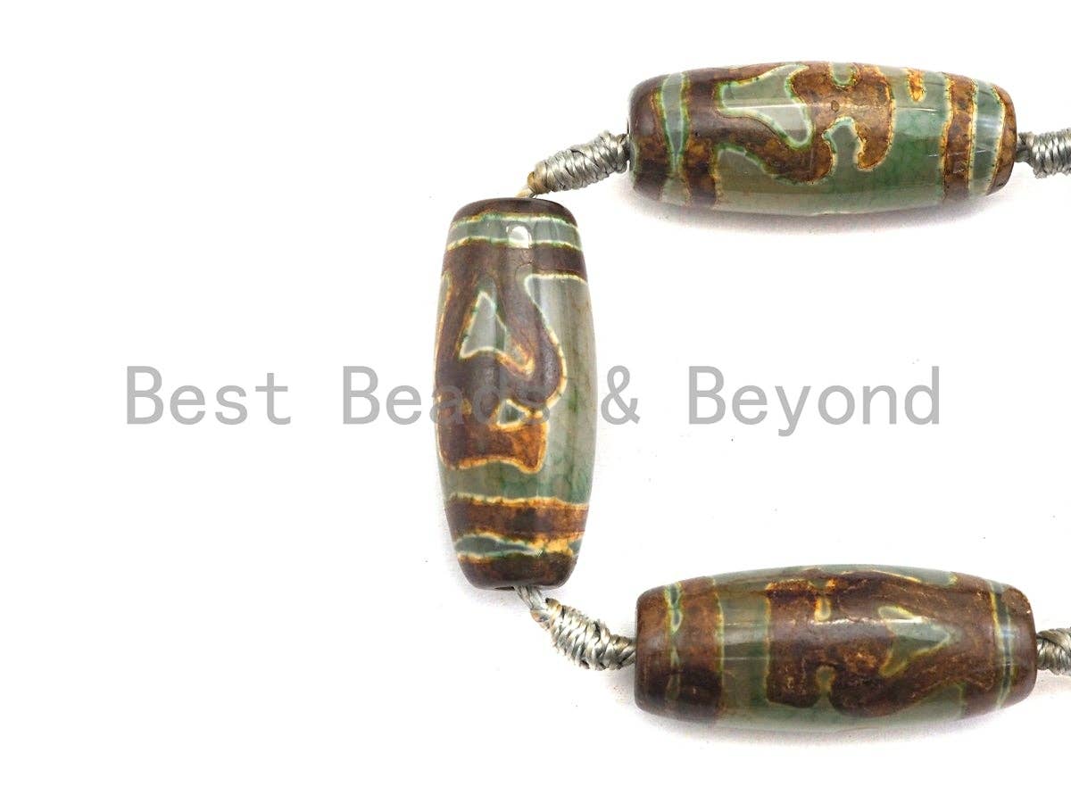 1pc/10pcs Natural Tibetan Agate Beads, Green Yellow Tibetan Long Oval Shape Beads, Dzi heart Agate Beads, 12x30mm, sku#U541