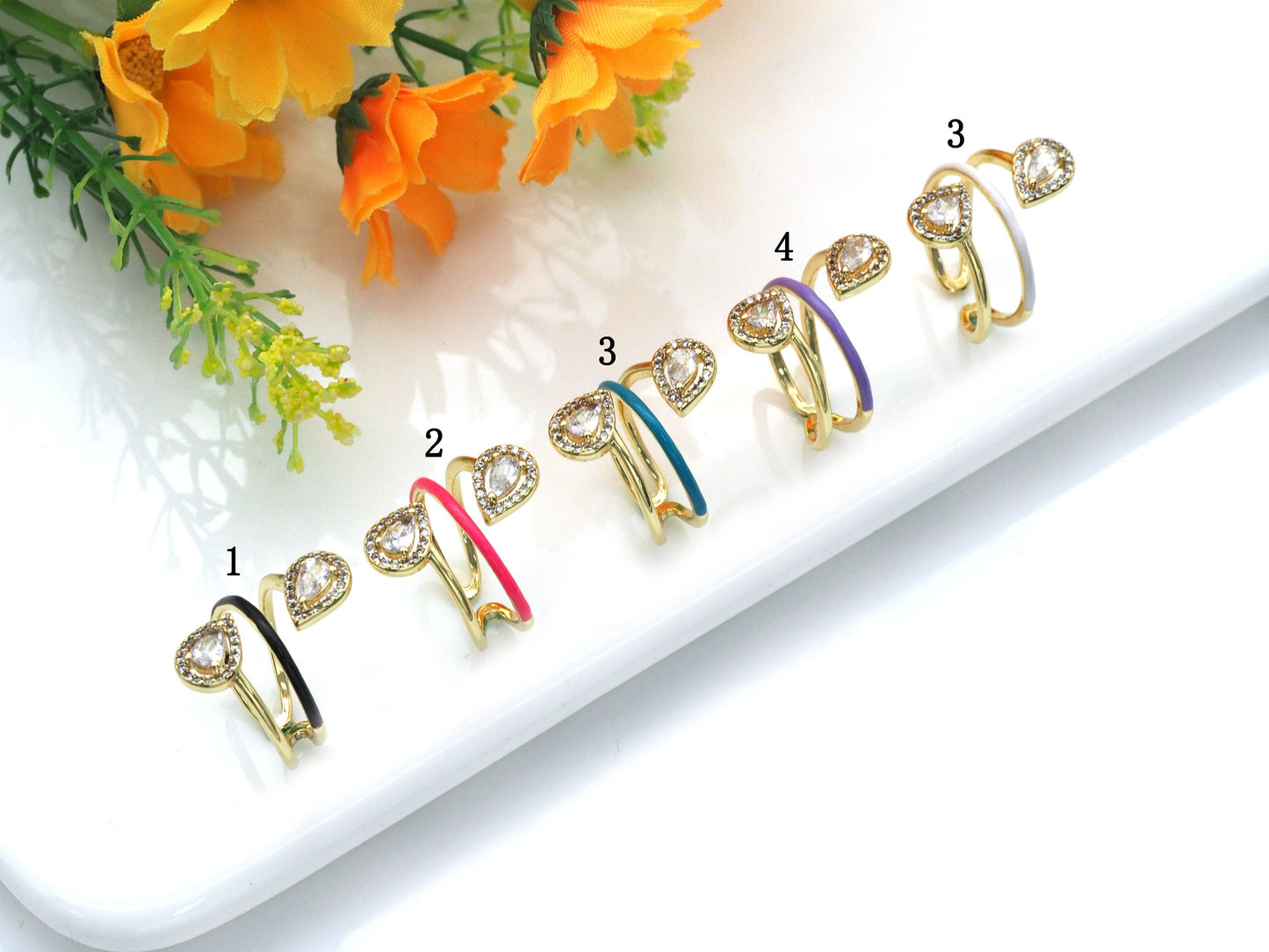Enamel CZ Pave Gold Teardrop Wrap Ring, Sku#O116