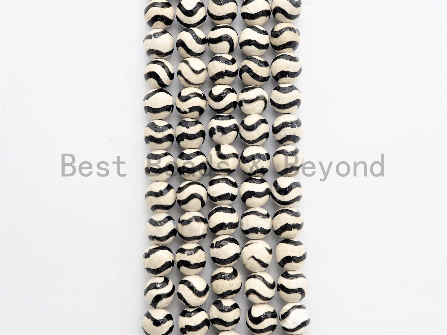 Dzi Black Band Faceted Round Beads,  Zebra Striped Tibetan A