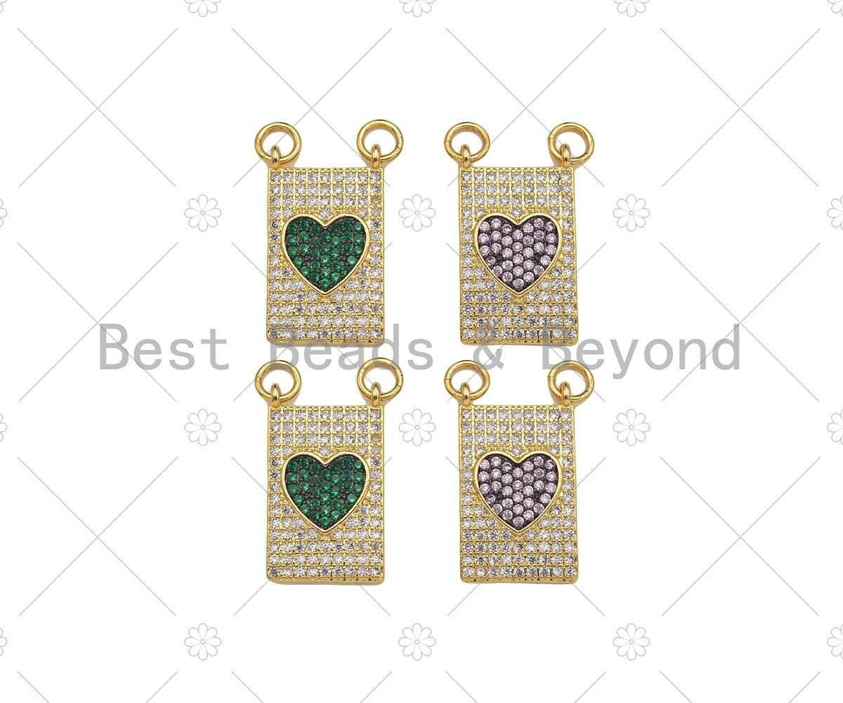 Colorful CZ Micro Pave Heart On Rectangle Shape Pendant, 18K Gold Medallion Charm, Necklace Bracelet Charm Pendant,12x21mm,Sku#LK311