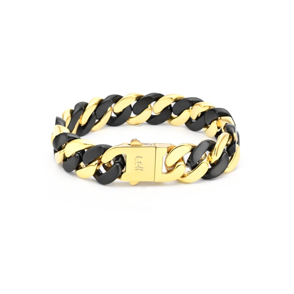 BG160BG B.Tiff High Polish 16mm Black & Gold Flat Cuban Link Bracelet