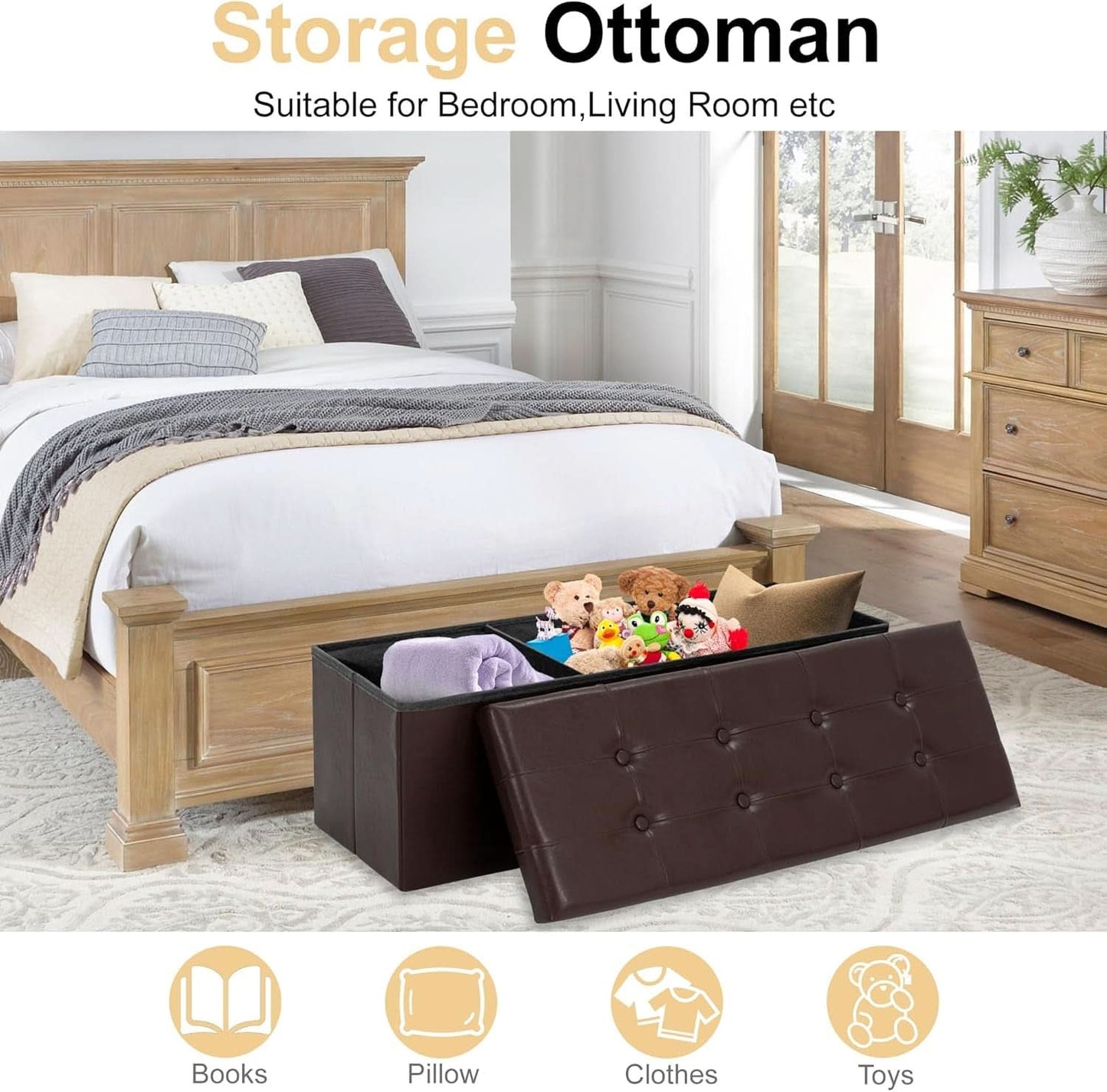 Forty Three Inches Folding Storage Ottoman Bench Brown Leather