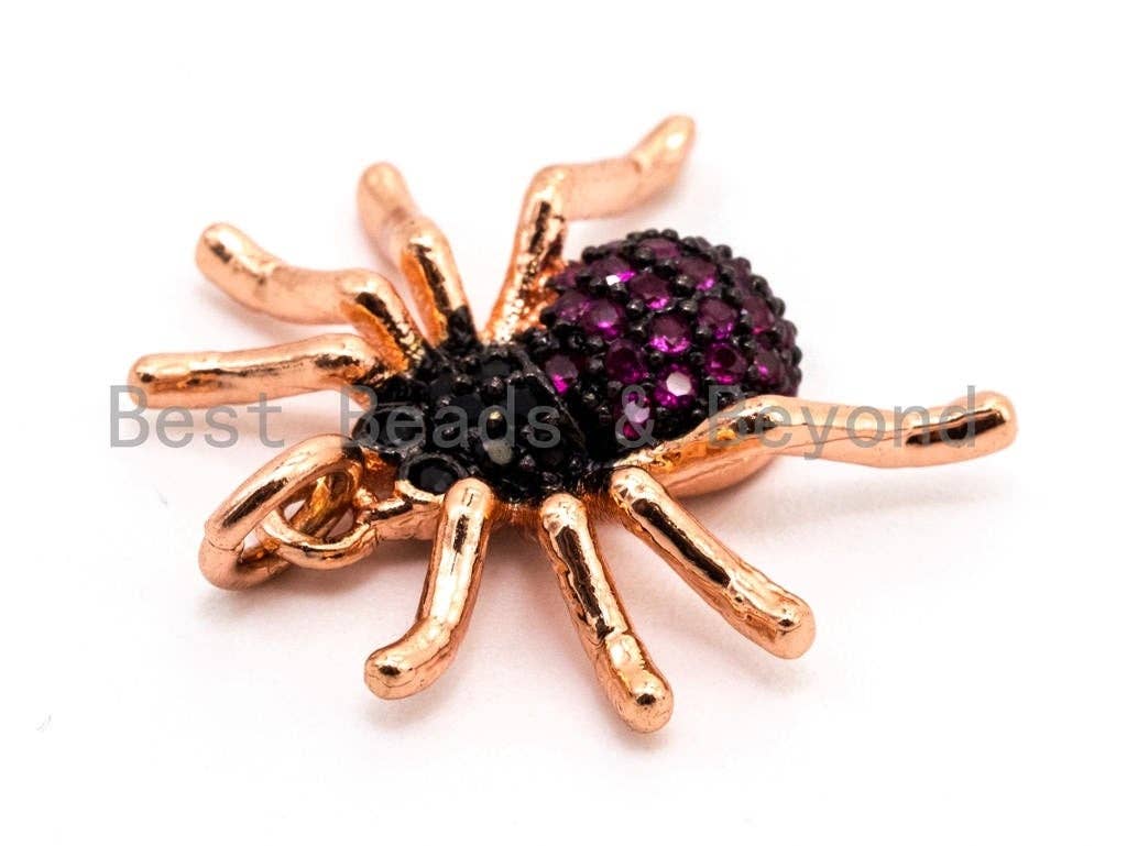 CZ Micro Pave Fuchsia SPIDER Charm Pendant, Cubic Zirconia Inspired Insect Pendant,Gold/Rose Gold/Silver/Black,17x19x5mm,SKU#F448