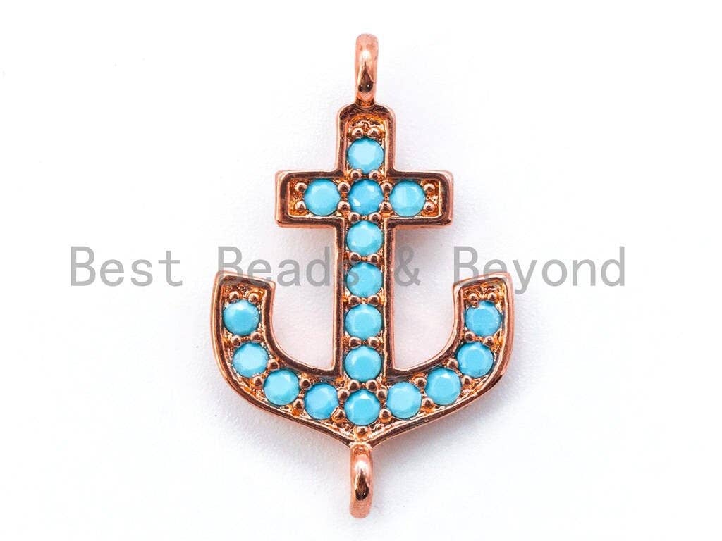 CZ Turquoise Micro Pave Anchor Connector, Blue CZ on Gold/Silver/Rose Gold/Gunmetal Bracelet Necklace Charm,14x23mm, sku#M100